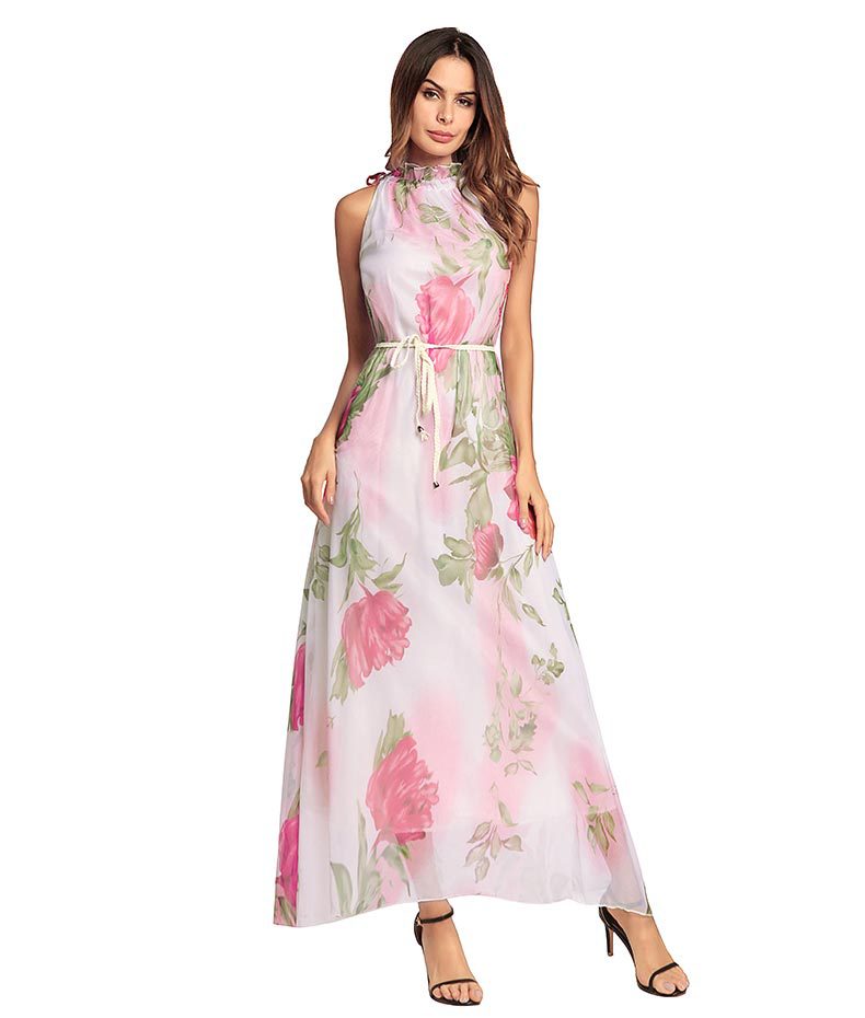 SZ60137 Pink Floral Printed Halter Maxi Dress